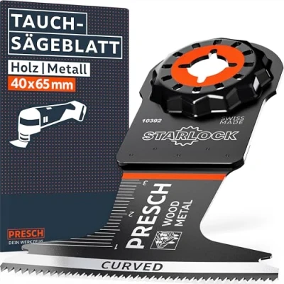 Abbildung von Presch Starlock Sägeblatt Holz &amp; Metall 40x65mm Multitool für werkzeuglosen Wechsel Exakte Schnitte dank robuster BI Zähne Curved Tec Design Präzises Tauchsägeblatt