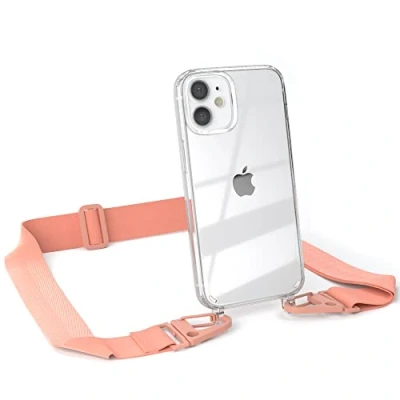 Abbildung von EAZY CASE Hülle mit Band kompatibel iPhone 12 Mini Handyhülle Umhängeband für Silikonhülle Transparent Schutzhülle Handykette zum Umhängen Handykordel Smartphone in Rosa Coral