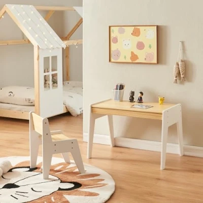 Abbildung von [en.casa] Kinderschreibtisch Set mit Stuhl Skinnskatteberg Kindertisch Schublade Schreibtischstuhl Armlehne Holz Weiß Kinderspieltisch Maltisch für Kinder
