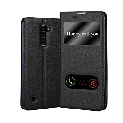 Abbildung von Cadorabo Hülle kompatibel mit LG K10 2016 Sichtfenster aus Premium Kunst Leder Flip Klappbare Stoßfeste Magnetische [Standfunktion] [Kartenfächern] Cover für Tasche in Schwarz