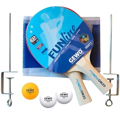 Abbildung von GEWO Free TIME Schlägerset Komplett Set mit Zwei Tischtennis Schlägern, Netz und Bällen 2 Schläger FUNline, Griff konkav, Mobile Netzgarnitur Klemmen 3 TT Trainingsbälle 40+