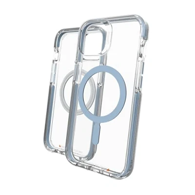 Abbildung von Gear4 ZAGG Santa Cruz Snap MagSafe kompatibles durchsichtiges Gehäuse, das D3O® Schutzmaterial hervorhebt für iPhone 13 Farbe: Hellblau