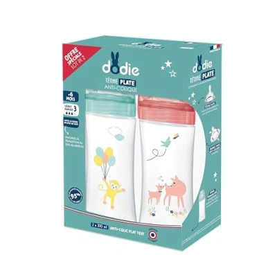 Abbildung von Dodie Set mit 2 Babyflaschen, Antikolik Sensation+ (2 x 330 ml), flacher Sauger, Fluss 3, BPA frei, +6 Monate, Gelb, Grün und Rosa Luft