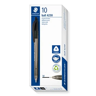 Abbildung von STAEDTLER dreikant retract Kugelschreiber, Schreibfarbe schwarz, Linienbreite M ca. 1,00 mm, für entspanntes Schreiben, 10 schwarze Kugelschreiber im Kartonetui, 4230 9