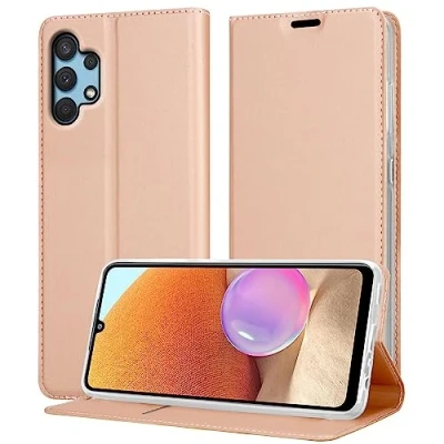 Abbildung von Cadorabo Hülle kompatibel mit Samsung Galaxy A32 4G in Classy ROSÉ Gold Schutzhülle Magnetverschluss, Standfunktion und Kartenfach