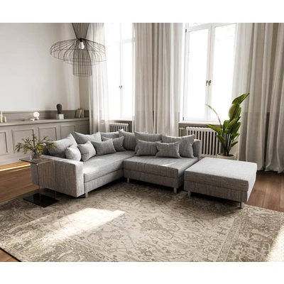 Abbildung von Ecksofa Clovis Hellgrau Strukturstoff Hocker Armlehne Ottomane Links Modulsofa