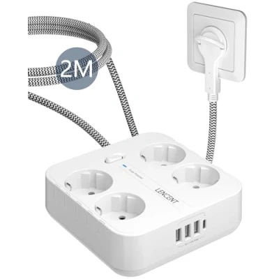 Abbildung von LENCENT 4 Fach Flachstecker Steckdosenleiste, USB Steckdosenleiste mit Überspannungsschutz, AC, 3 und 1 Typ C Anschlüsse, Steckerleiste 2M Geflochtenem Kabel für Wandsteckdose