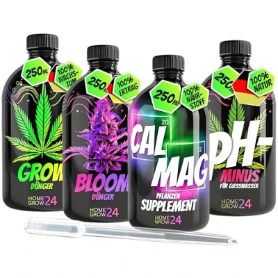 Abbildung von HOMEGROW24 Dünger Quartett, für die ganzheitliche Pflege von Cannabis Pflanzen, 4er Set je 250 ml, reiche Ernte und gesunde Pflanzen