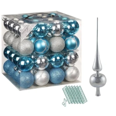 Abbildung von JACK 64x Kunststoff Christbaumkugeln Ø 6cm + Spitze 28cm inkl. Aufhänger Dekor Kugeln Set Weiß Rot Gold Grün Blau Silber, Farbe:Türkis Silber