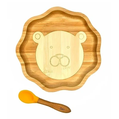 Abbildung von Kleiner Fuchs Hochwertiges Bambus Teller mit Saugnapf, Rutschfestem Saugnapf passendem Baby Löffel Macht Mahlzeiten Spaß, Geschirr Set Geschenkbox Essenlernen Löwe Design