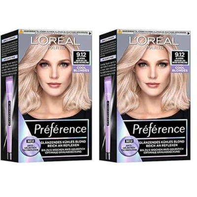 Abbildung von L&#039;Oréal Paris Permanente Haarfarbe mit kühlem Farbergebnis, Haarfärbeset Coloration und Anti Gelbstich Pflegebalsam, Préférence Cool Blondes, Nr. 9.12 Sehr helles beige Aschblond (Alaska), 1 Stück