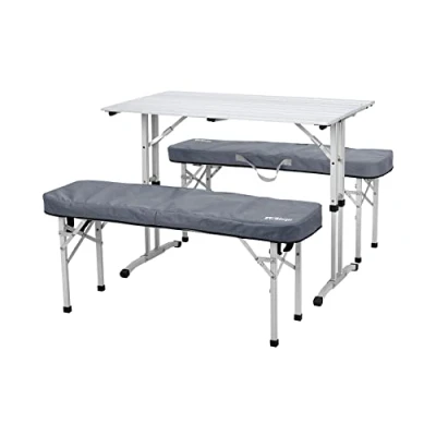 Abbildung von BERGER Campingtisch Set mit 2 Alu Bänken und Bankauflagen 90 x 52,5 cm faltbar aus Aluminium inkl. Tragetasche Klappmöbel klappbar Klapptisch Gartentisch Balkontisch