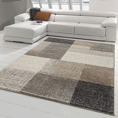 Abbildung von Teppich Traum Moderner Wohnzimmerteppich mit quadratischen Mustern pflegeleicht grau beige, Größe 140x200 cm