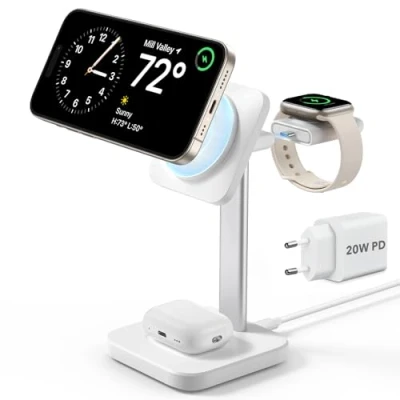 Abbildung von ESR Magsafe Ladestation Apple Watch und iPhone, 3 in 1 Apple, Ladegerät kompatibel mit iPhone 16/15/14/13/12, 9/8/7/6/5/4/3/2/SE AirPods 4/3/2/Pro, Weiß