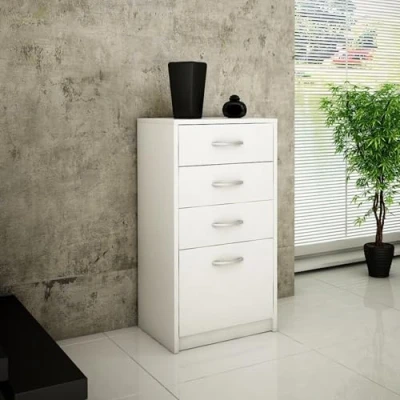 Abbildung von Home Collective Kommode mit 4 Schubladen matter Oberfläche, 45cm breit Holz (Schlafzimmer Wohnzimmer Flur Büro Organizer, Metallrollen Auszugsstopp), Schrank Sideboard Highboard Weiß