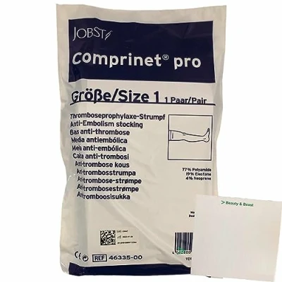 Abbildung von Comprinet Pro Anti Thrombose Kompressionsstrümpfe oberschenkellang Gr.1 (1 Paar) + usy Block