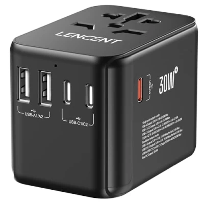 Abbildung von LENCENT Universeller Reiseadapter GaN III 30W, International Adapter mit 2 USB A&amp;3 C PD Schnellladung Anschlüssen, Weltweite Reisestecker für Typ A/C/G/I, USA/UK/EU/AUS Steckdosen, Schwarz