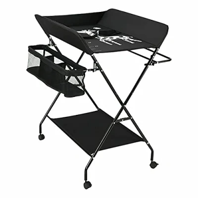 Abbildung von Klappbare Wickelkommode höhenverstellbar Klappwickeltisch mit/ohne Rollen, Mobile Wickeltisch mit Wickelauflage, Sicherheitsgurt und Ablagefächern Geeignet für Babys Kleinkinder (e)