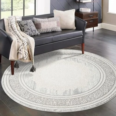 Abbildung von carpet city Teppich Wohnzimmer Grau 200 cm Rund Klassisch Modern Ornamente, Bordüre Teppiche Kurzflor Schlafzimmer, Esszimmer