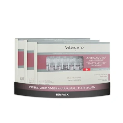 Abbildung von Vitalcare Swiss Behandlung gegen Haarausfall für Damen, energetisierend, regenerierend, mit Molekülkomplex Follicusan, praktischem Dosierer, 3 Packungen je 10 Ampullen à 6 ml