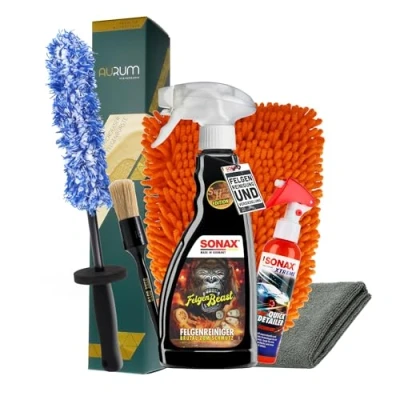 Abbildung von Felgenreinigung &amp; Versiegelung Set Sonax Felgenbeast Felgenreiniger 500ml Sonderedition + Aurum Performance Felgenbürste Xtreme Ceramic Quick Detailer 140ml Felgenpinsel Waschhandschuh