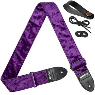 Abbildung von AMUMU Beflockter Samt Gitarrengurt mit Mikrofaser Leder Enden, Gitarrenzubehör, passend für Akustikgitarrengurt, Bassgurt, E Gitarrengurt, Lila