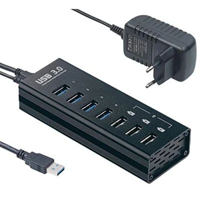 Abbildung von Xystec USB Ladehub: Aktiver 3.0 Hub mit 4 Ports &amp; 3 Schnell Lade Buchsen (BC 1.2), A (USB Ladeleiste, Schnellladefunktion, Festplatten Adapter)