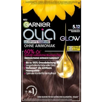 Abbildung von Garnier Dauerhafte Haarfarbe ohne Ammoniak mit pflegenden, natürlichen Ölen, Vollständige Grauhaarabdeckung, Olia Permanente Coloration, 5.12 Schimmerndes Samtbraun, 1 Stück
