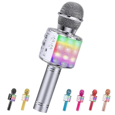 Abbildung von ShinePick Mikrofon Kinder Bluetooth, 4 in 1 Drahtloses Karaoke Mikrofon, Tragbare LED Microphone Spielzeug ab 12 Jahre, Heim KTV Gerät kompatibel mit iOS Android PC(Silberfarben)