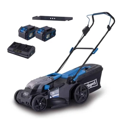 Abbildung von Scheppach Akku Rasenmäher BC MP430 X 20V Brushless 43cm Schnittbreite für 600 700 m2 Schnitthöhenverstellung von 2575mm 50L Korb Mulcheinsatz mit 2X 4Ah Akku, Doppelladegerät &amp; Messer