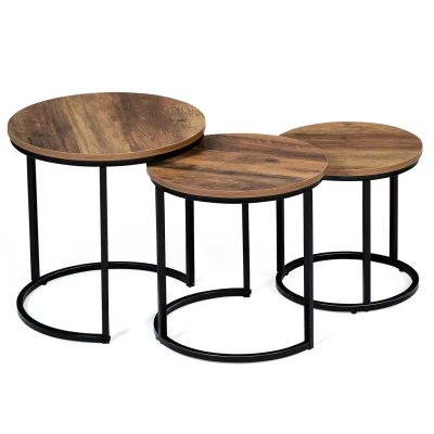Abbildung von IDMarket Hawkins Couchtisch, rund, 30/40/45 cm, dunkles Holz, industrielles Design, 3 Stück