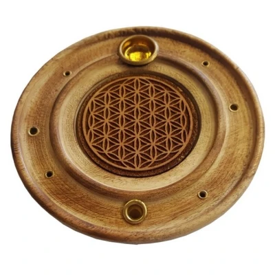 Abbildung von Saraswati Räucherstäbchen Halter Räucherstäbchenhalter &quot;Blume des Lebens&quot; Holz rund 10cm