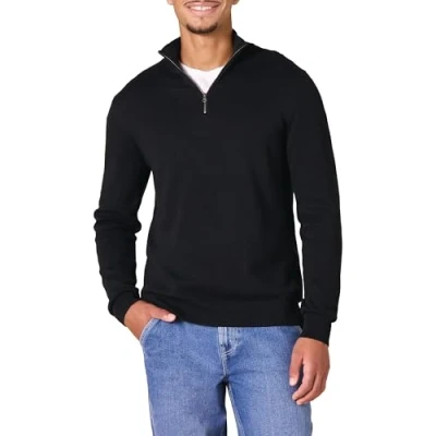 Abbildung von Amazon Essentials Herren Pullover mit Viertelreißverschluss aus 100% Baumwolle, Schwarz, XL