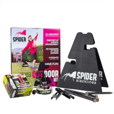 Abbildung von SPIDER Slackline SOS02 Slacklines Outdoor mit 15 m Zwei Befestigungsblöcke Höhenverstellbar 30 or 50 70 cm, Kann Nicht an Bäumen Befestigt Werden Made in Italien Maximale Haftung