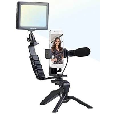 Abbildung von Somikon Foto Licht: 4 teiliges Vlogging Set mit LED Leuchte, Mikrofon, Stativ &amp; Halterung (Handy Mikrofon für Smartphone, Tablet Halter)
