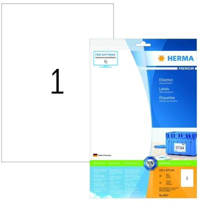 Abbildung von HERMA 8637 Universal Etiketten, 320 Blatt, 210 x 297 mm, 1 pro A4 Bogen, Stück, selbstklebend, bedruckbar, matt, blanko Papier Klebeetiketten Aufkleber, weiß