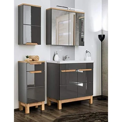 Abbildung von Lomadox Badmöbel Set in Hochglanz grau mit Eiche, 80cm Keramik Waschtisch &amp; LED Spiegelschrank