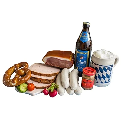 Abbildung von bayerische Brotzeit echt Spezialitäten vom Landmetzger aus Bayern mit Bier und Brotzeitbrett Schiessl ca. 1700g