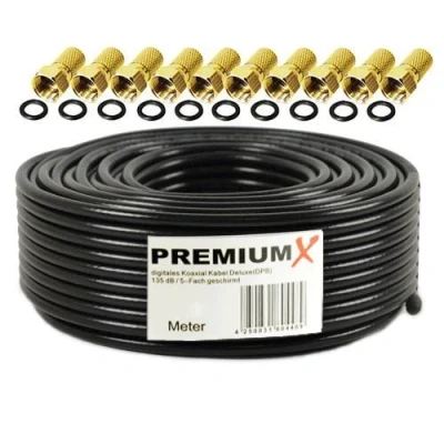 Abbildung von 25m PremiumX DELUXE PRO Koaxial Kabel SCHWARZ 135dB 5 Fach geschirmt reines Kupfer SAT Antennenkabel mit 10x F Stecker Dichtring (0,83EUR/M)