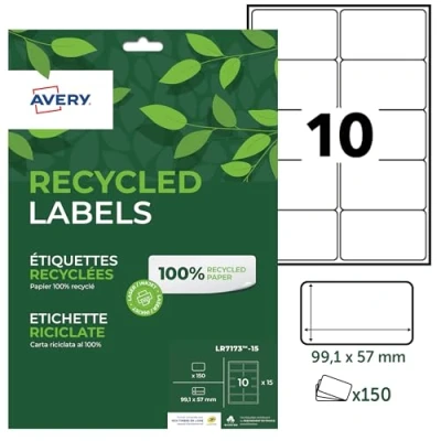 Abbildung von AVERY 150 weiße selbstklebende Etiketten, personalisierbar, 100% recycelt, Format 99,1 x 57 mm, Laser und Tintenstrahldruck