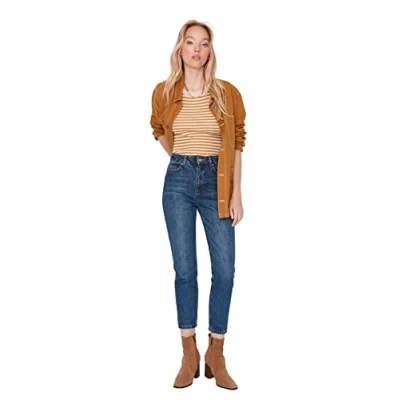 Abbildung von Trendyol Damen Herren Hoher Bund Mom Jeans, Dunkelblau, 34 EU