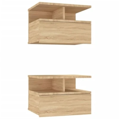 Abbildung von vidaXL 2X Nachttisch Hängend Schublade offene Fächer Nachtkommode Nachtschrank Nachtkonsole Wandboard Wandregal Sonoma Eiche 40x31x27cm Holzwerkstoff