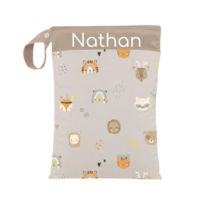 Abbildung von Nasstasche für Kita Wechselwäsche, Wasserdicht, Waschbar, mit Reißverschluss, Personalisierbar, Name, Kindergarten, Strand, Sport (Baby Animals)