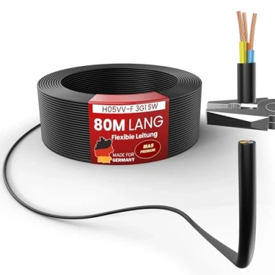 Abbildung von MAS Premium Von 5 bis 100m Kunststoffschlauchleitung H05VV F 2, 3 oder x0,75; x1; x1,5 x2,5 und 4G0,75 Flexible Leitung Kabel Gerätekabel (H05VV 3G1 SW, 80m)