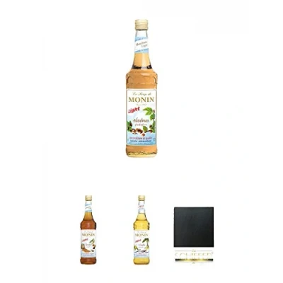 Abbildung von Monin Haselnuss Light Sirup 0,7 Liter + Caramel Vanille Schiefer Glasuntersetzer eckig ca. 9,5 cm Durchmesser
