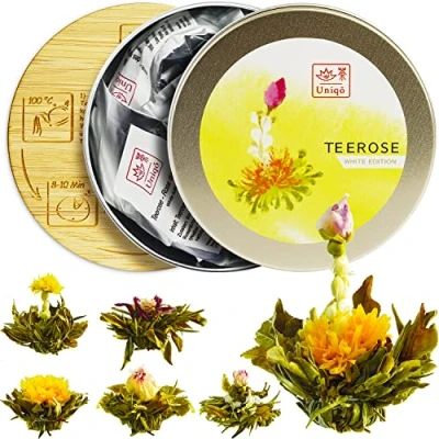 Abbildung von Teeblumen Geschenkset mit 6 Teerosen, Weißer Tee handgebunden Blüten, inkl. Bamboo Untersetzer Originelles Geschenk für Frauen, Teeset Teeliebhaber