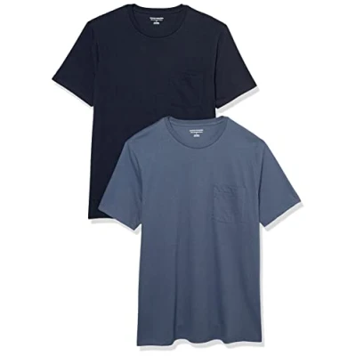 Abbildung von Amazon Essentials Herren T Shirt mit kurzen Ärmeln und Rundhalsausschnitt in schmaler Passform, 2er Pack, Dunkelblau/Marineblau, XS