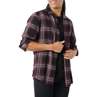 Abbildung von Amazon Essentials Herren Langarmhemd aus Flanell (in Übergröße erhältlich), Schwarz Burgunderrot Grau Karomuster, S