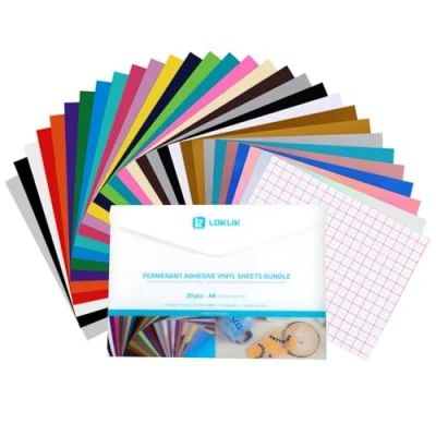 Abbildung von LOKLiK Komplettes Set Permanentes Klebevinyl Permanent Adhesive Vinyl (PAV) 29 A4 Blätter in Matt , Glanz Metall und Holografiefarben Ideal zum Erstellen von langlebigen Etiketten, Aufklebern