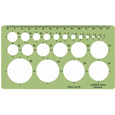 Abbildung von Linex 1118S Kreisschablone, 22 Kreise von 1 35mm, Tuschenoppen, für Tuschefüller bis 0,5mm, mm Skala an einer Seite, 160 x 90